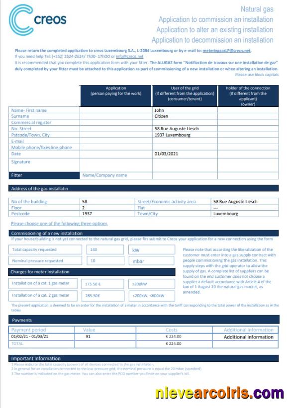 Luxembourg Creos gas utility bill 